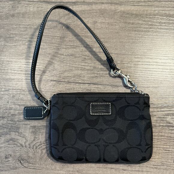 Coach Handbags - Coach Signature C Monogram Wristlet Pouch Black Canvas Leather Trim